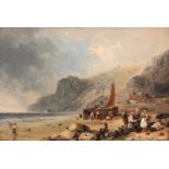 Circle of William Collins (1788-1847) Fisherfolk and beached vessels on a rugged shore Oil on board,