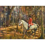 Arthur Spooner (1873-1962) Huntsman and hounds on the scent in Autumnal woodland Signed, oil on