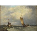 John James Wilson (1818-1875) Scottish Fishing boats off a pier in choppy waters Signed, oil on