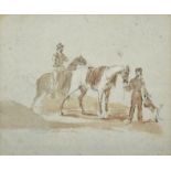 Circle of Peter Tillemans (1684-1734) Flemish Horses with their groomsmen Mixed media on coloured