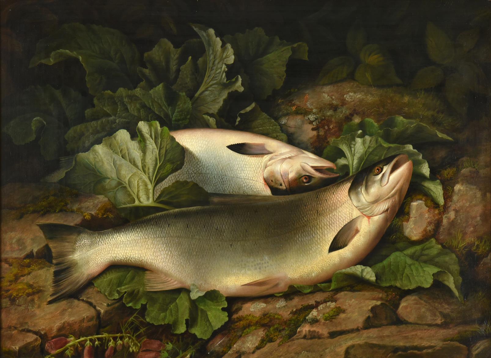 Attributed to John Bucknell Russell (1819-1893) Landed Salmon on the riverbank Oil on canvas, 62cm