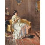 William Kay Blacklock (1872-1924) A quiet moment - a lady undertaking needlework by the fireside