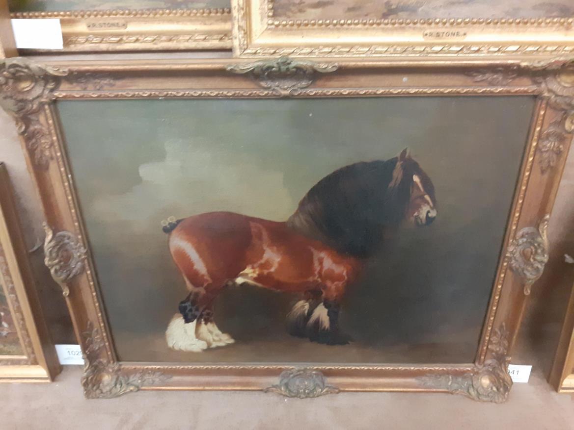 Attributed to Edith Anna Oenone Somerville (1858-1949) Portrait of a heavy horse standing Initialled - Image 2 of 2