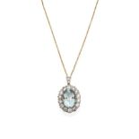 An Aquamarine and Diamond Cluster Pendant on Chain, the oval cut aquamarine within a border of round