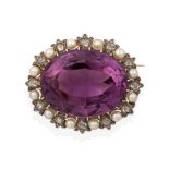 An Amethyst, Pearl and Diamond Brooch, the oval cut amethyst within a border of twelve rose cut