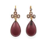 A Pair of Garnet and Diamond Drop Earrings, a single rose cut diamond above a trefoil cluster of