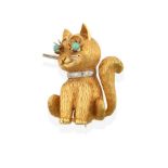 An 18 Carat Gold Brooch, realistically modelled as a seated cat, with an eight-cut diamond set
