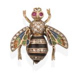 An Edwardian Plique-a-Jour Enamel, Ruby and Diamond Bee Brooch, realistically modelled with ruby set