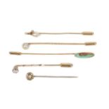 A Collection of Five Stickpins, comprising a turquoise example; two cultured pearl examples; and two