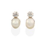 A Pair of Pearl and Diamond Earrings, an old cut diamond set above a pearl, in yellow claw settings,