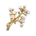 A 9 Carat Gold Cultured Pearl and Diamond Brooch, the yellow floral spray set throughout with