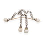 An Edwardian Diamond and Pearl Brooch, the ribbon motif set throughout with old cut and rose cut