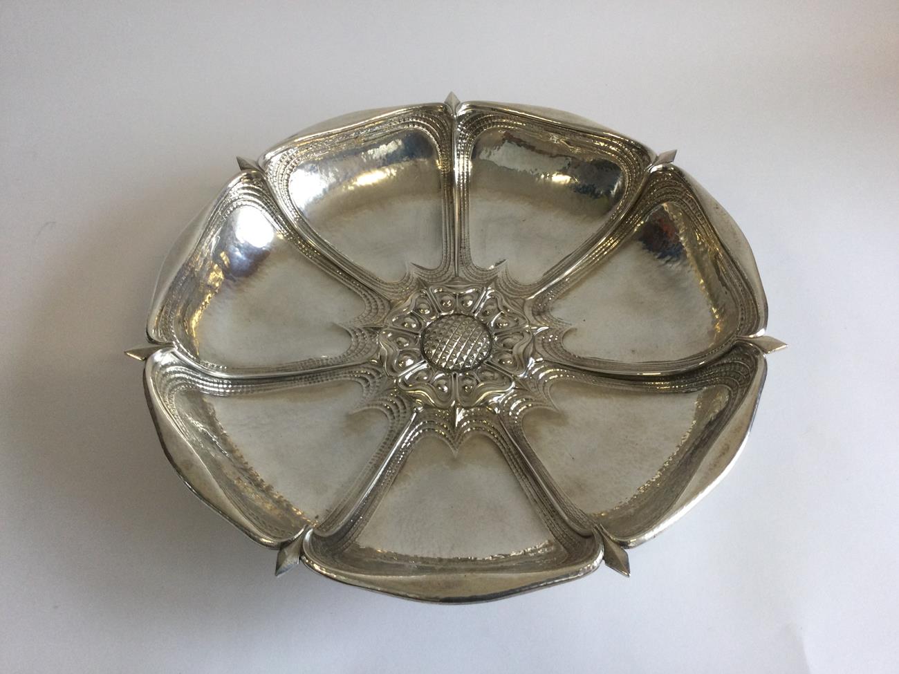 A George V Silver Centrepiece-Dish, by Omar Ramsden, London, 1930, in the form of a stylised Tudor - Image 2 of 5