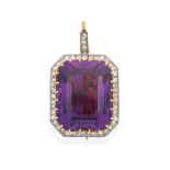 An Amethyst and Diamond Brooch/Pendant, the emerald-cut amethyst in a yellow claw setting, within an