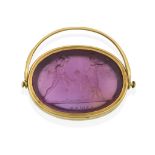 An Amethyst Intaglio Swivel Fob, the oval amethyst depicting a figure subject with Roman soldiers,