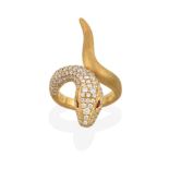 A Ruby and Diamond Snake Ring, the head pavé set with round brilliant cut diamonds and round cut