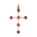 A Purplish Pink Stone Cross Pendant, the cross set throughout with six round cut purplish pink