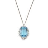 An Aquamarine and Diamond Cluster Pendant on Chain, the fancy cut aquamarine within a border of