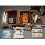 Three boxes including metal ware etc, silver plate, boxed camera, fur coat, inlaid games box, and