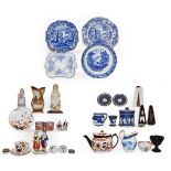 Two trays of 18th century and later English pottery and porcelain including New Hall, Wedgwood