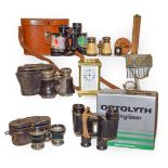 A tray of assorted including brass carriage timepiece, opera glasses, Kershaw military binoculars, a