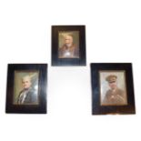 Three early 20th century ivory portrait miniatures in ebonised easel frames, depicting John Roger