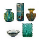 A group of 20th century art glass including a cylindrical vase signed Mdina, three other pieces of