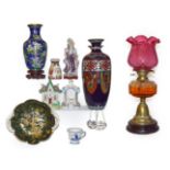 Assorted decorative items including two cloisonne vases one mounted as a lamp, a Victorian brass oil