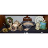 A group of ceramics including a majolica cheese dome and base, various chintz tea wares, blue and