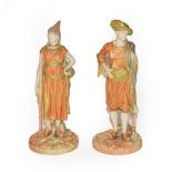 A pair of Royal Worcester figures of a Turkish man and woman circa 1900 both bearing puce marks,