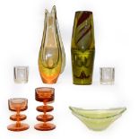 A tray of modern art glass including two tall vases one in the form of a fish, 29cm high, two