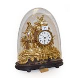 A 19th century French gilt metal cased timepiece under glass dome 35cm high, including dome