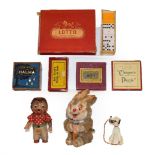 A tray of mid 20th century toys and games including clockwork rabbit, clockwork German toy,