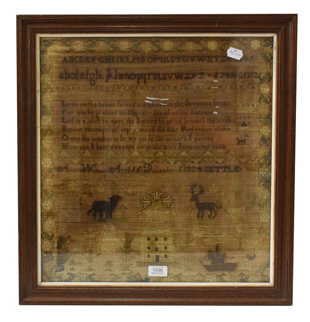 A framed Georgian sampler, Alice Wilman aged 15, December 1824, Settle, 49cm by 46cm