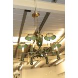A modern green toleware six light chandelier, drop 55cms