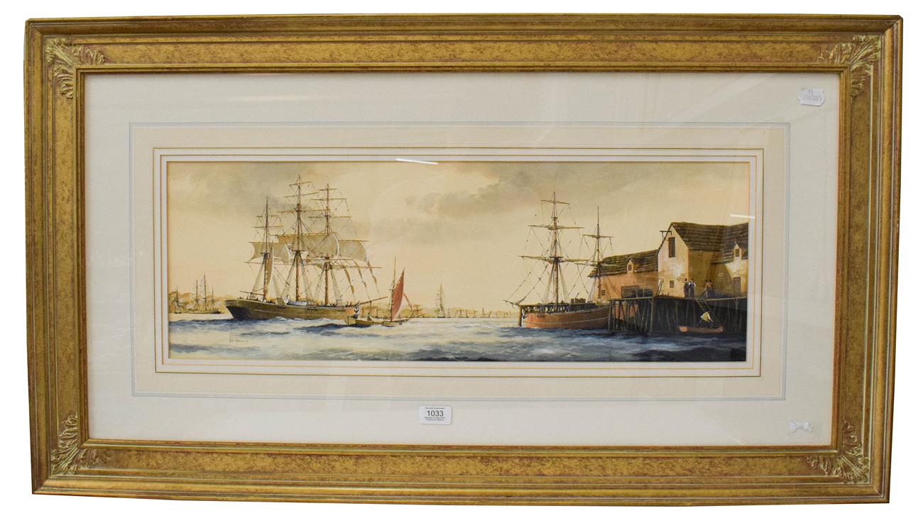 Ken Hammond (b.1948) Shipping scene in an English port, signed, gouache, 23.5cm by 69cm