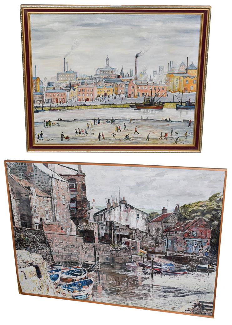A large 20th century oil on board of a fishing harbour, 83.5cm by 122cm, together with a Lowry