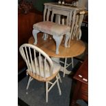 A part painted drop leaf kitchen table 90cms diameter by 76cm high, two matching chairs, a painted