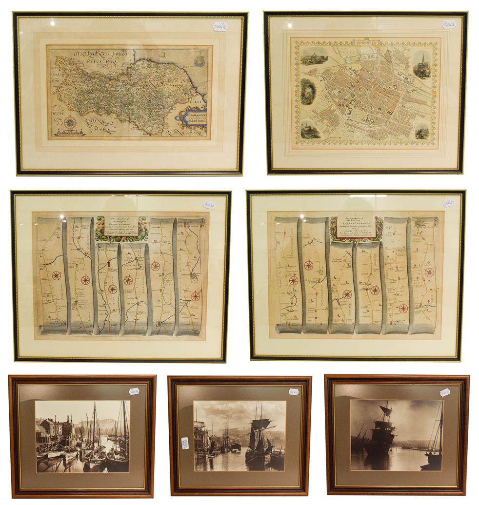 A collection of 19th century prints, maps and photographs framed and glazed, to include Frank Meadow