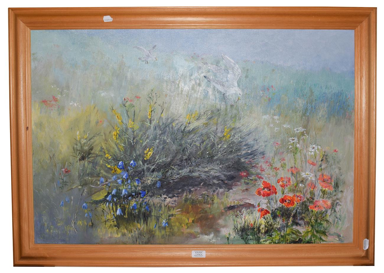 Elizabeth Alder, oil on canvas, birds amongst poppy fields, 60cm by 90cm