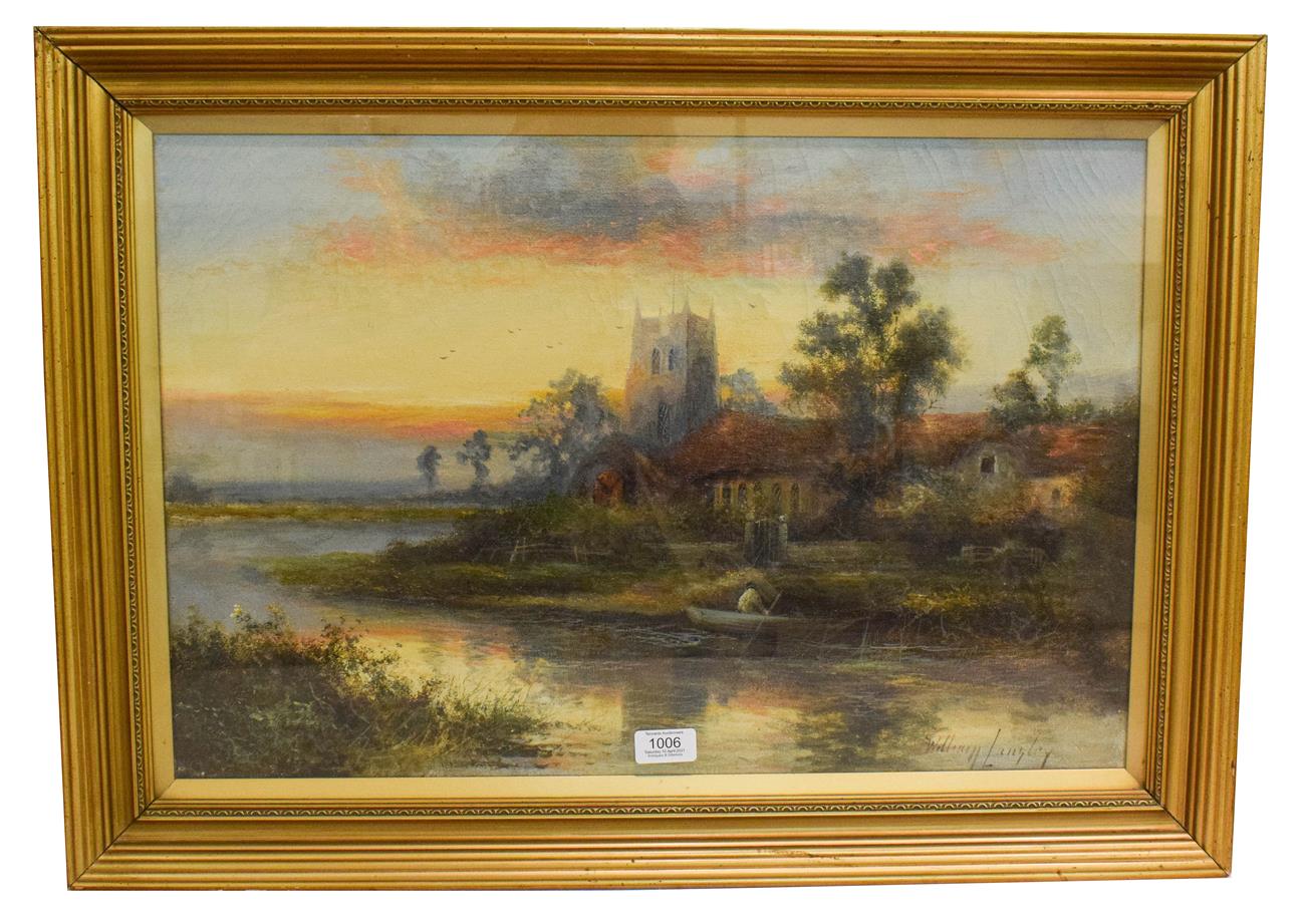 19th Century oil on canvas lake scene with figure in a boat saigned W.Langley? 40cm by 59cm