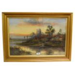 19th Century oil on canvas lake scene with figure in a boat saigned W.Langley? 40cm by 59cm