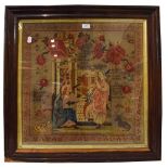 A large 19th century framed religious woolwork sampler worked by Rachel Hudson, decorated with