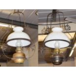 Three 19th century hanging oil lamps with opaque shades (3)