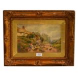 In the manner of Myles Birket Foster (18225-199) cottage scene, watercolour with monogram, 19cm by