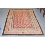 Tibetan Rug, the faded strawberry lattice field enclosed by triple borders, 207cm by 153cm