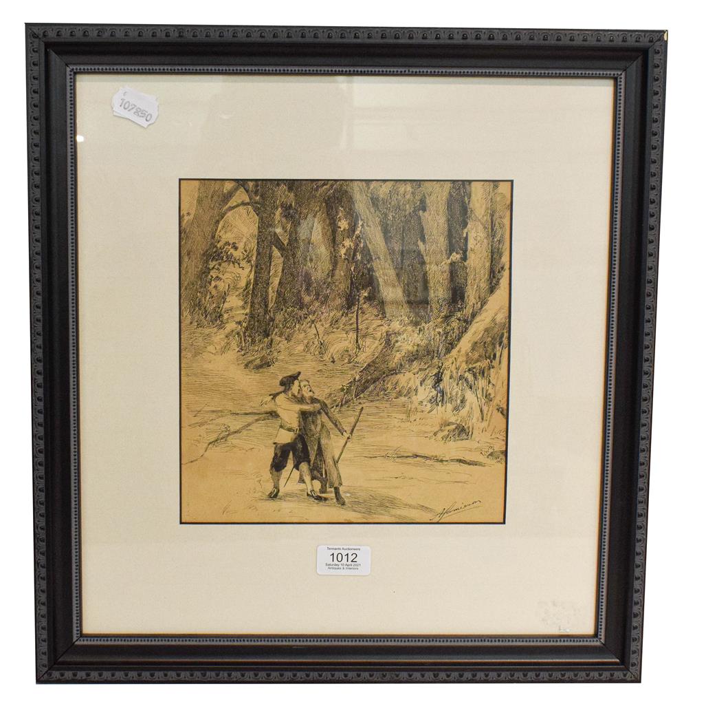 Alexander Jamieson (1873-1937) Scottish, figures in a woodland, signed, pen and ink, 24cm by 22.5cm