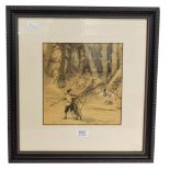 Alexander Jamieson (1873-1937) Scottish, figures in a woodland, signed, pen and ink, 24cm by 22.5cm