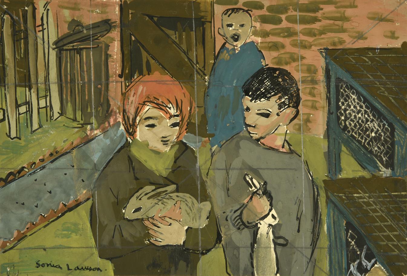 Sonia Lawson RA, RWS, RWA (b.1934) Tending the rabbits Signed, mixed media, 14cm by 22cm (