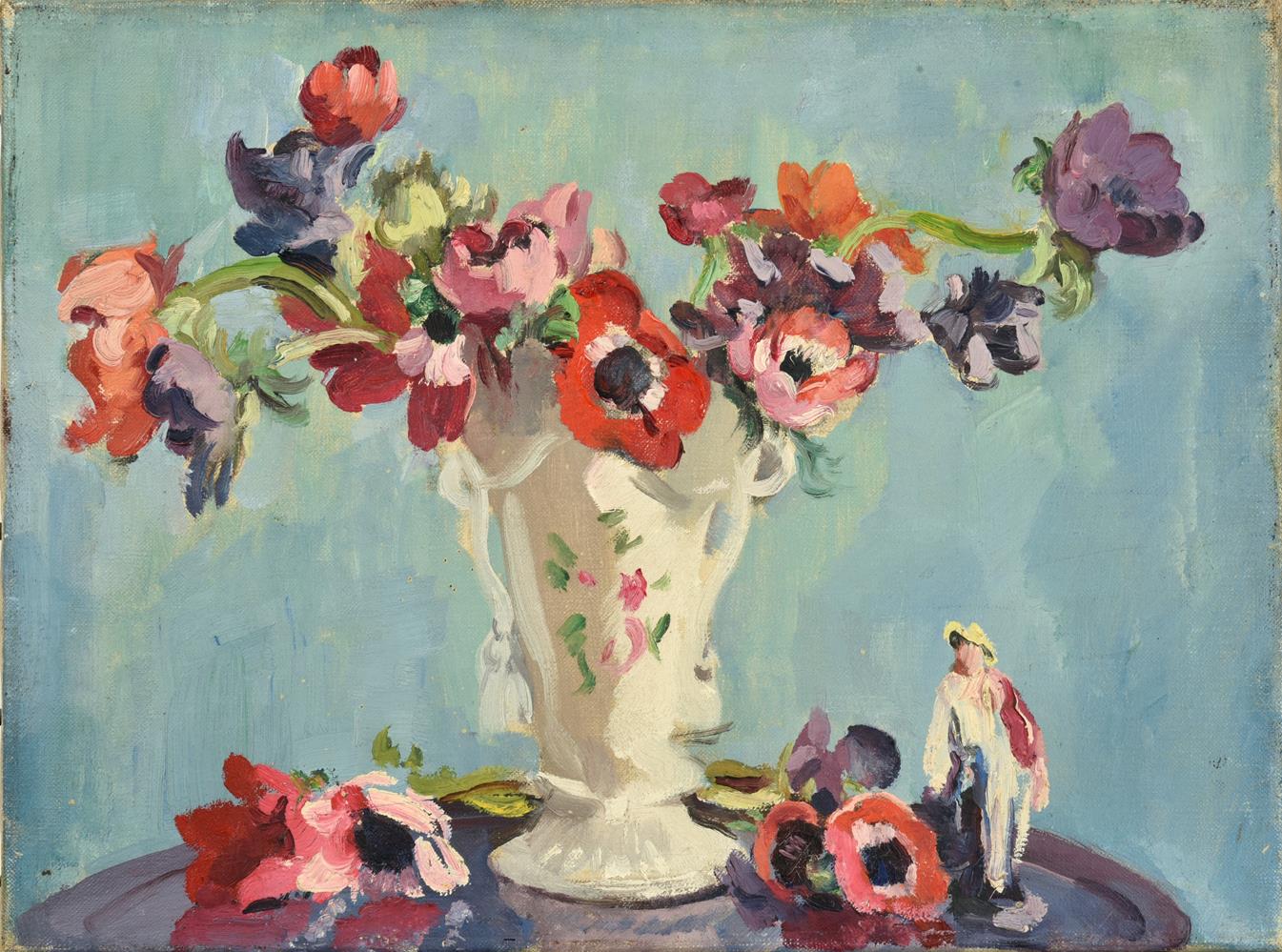 Philip Naviasky (1894-1983) Still life of anemones in a porcelain vase and a figurine Signed on